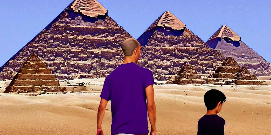 Prompt: landscape, steve jobs and a boy with purple hair in front of the pyramids, hyperrealism, intricate, 8 k, high detail