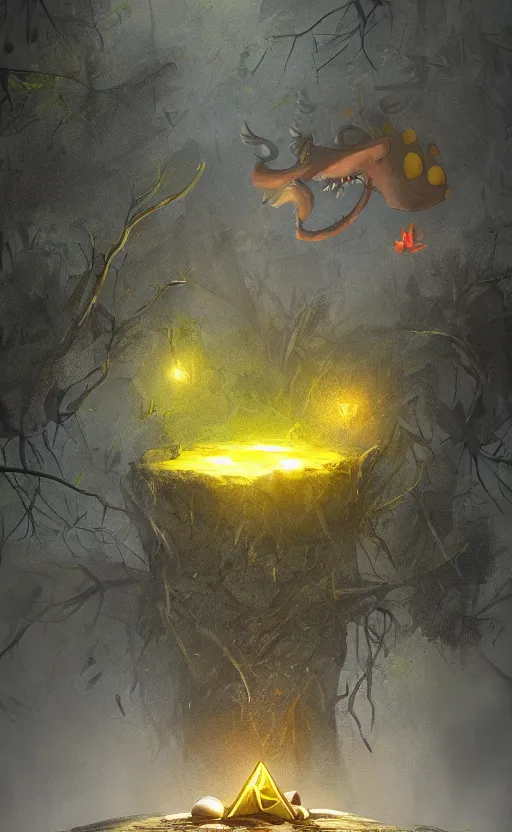 Image similar to dark fantasy photorealistic concept art of bill cipher floating in the middle of a forest with glowing yellow eyes, and pebbles floating in the air, gloomy seen, dynamic lighting, ambient lighting, atmospherical, stunning visuals, creative, cinematic, ultra detailed, trending on art station