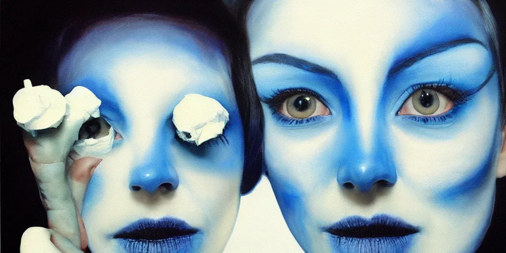 Prompt: with malice, your blue skin, with malice, your blue eyes, with malice, your, white smile with malice, your whole body, at last, with malice, with malice, will it be when i stay awake thinking of her, does she think a little about me? painting by gottfried helnwein