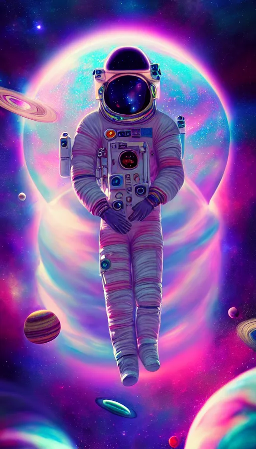 Prompt: a beautiful psychodelic astronaut, universe in the background, planets, sky, dream, highly detailed, digital painting, refreshing, trending on artstation, octane render, illustration by james jean