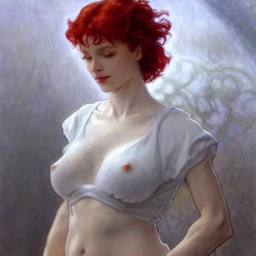 Prompt: A rubenesque woman with red hair and long pixie haircut in shorts and white shirt drawn by Donato Giancola and Jon Foster, Frank frazetta, Alphonse Mucha, flat grey background by James Jean and Gustav Klimt, volumetric lighting, French Nouveau, trending on artstation