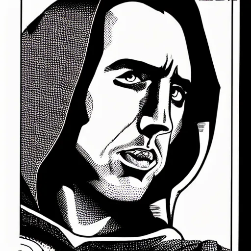 Prompt: Nicholas Cage as Superman comic book. Red cape. Detailed face Marvel comics art style. Halftone