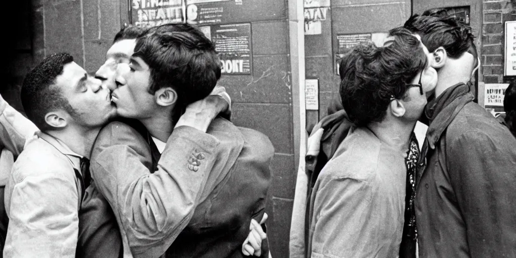 Image similar to two men kissing in the entrance to a subway stop in manhattan at the time of the stonewall riots. new york city, usa. 1 9 6 9 - 1 9 7 0. ernest cole photography