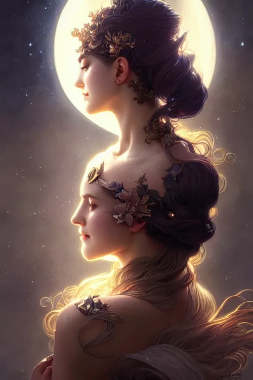 Prompt: the moon goddess closeup filled background around face, fantasy magic, undercut hairstyle, dark light night, intricate, elegant, sharp focus, illustration, highly detailed, digital painting, concept art, matte, art by wlop and artgerm and greg rutkowski and alphonse mucha, masterpiece