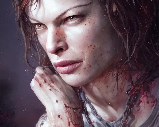 Image similar to highly detailed portrait of milla jovovich, in the walking dead, stephen bliss, unreal engine, fantasy art by greg rutkowski, loish, rhads, ferdinand knab, makoto shinkai and lois van baarle, ilya kuvshinov, rossdraws, tom bagshaw, global illumination, radiant light, detailed and intricate environment