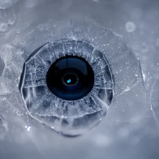 Image similar to An eye gazing through a transparent sheet of frosted ice, XF IQ4, f/1.4, ISO 200, 1/160s, 8K, RAW, unedited, symmetrical balance, in-frame