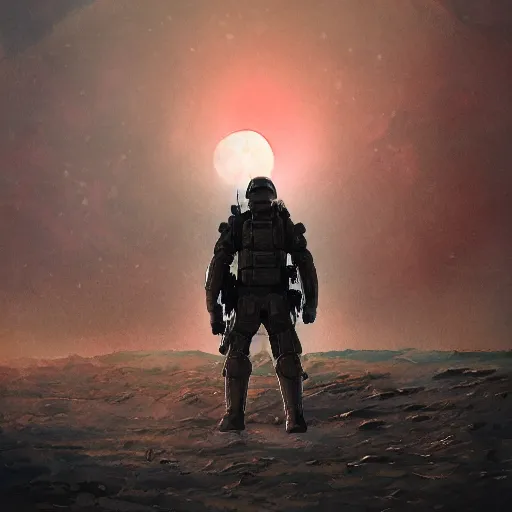 Image similar to photorealistic watercolor painting of an armored man standing before a veiny blood moon. hyperdetailed photorealism, 1 0 8 megapixels, amazing depth, high resolution, 3 d shading, 3 d finalrender, 3 d cinematic lighting, glowing rich colors, psychedelic overtones, artstation concept art.