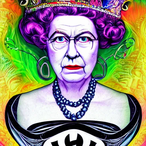 Image similar to an extremely psychedelic portrait of queen elizabeth as the riddler, surreal, lsd, face, detailed, intricate, elegant, lithe, highly detailed, digital oth, sharp focus, illustration,