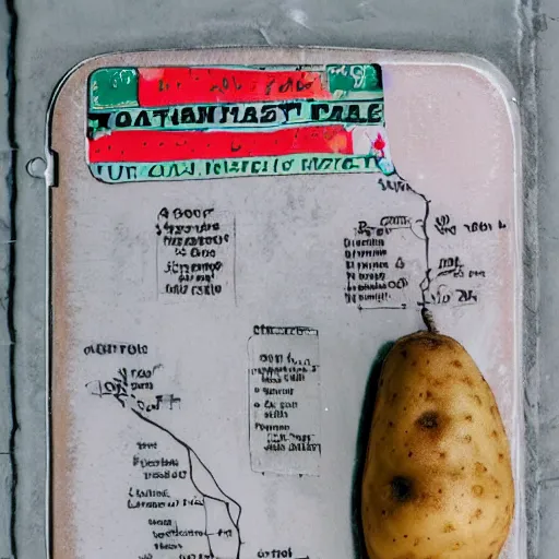 Prompt: potato feminine, alaskan road trip, circuit board made out of ham, basquiat