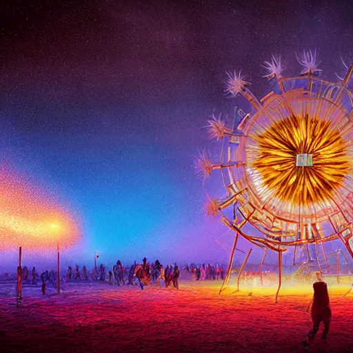 Prompt: highly detailed art of burning man festival full of cornflowers by Beeple