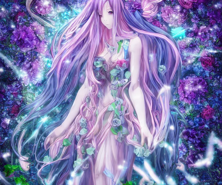 Prompt: 3 d anime magical goddess with long blue hair in a dress made of ivy and roses in a mythical forest, aurora borealis, roger magrini, leticia gillett, skeeva, nika maisuradze, billelis, christian behrendt, zigor samaniego, joannie leblanc