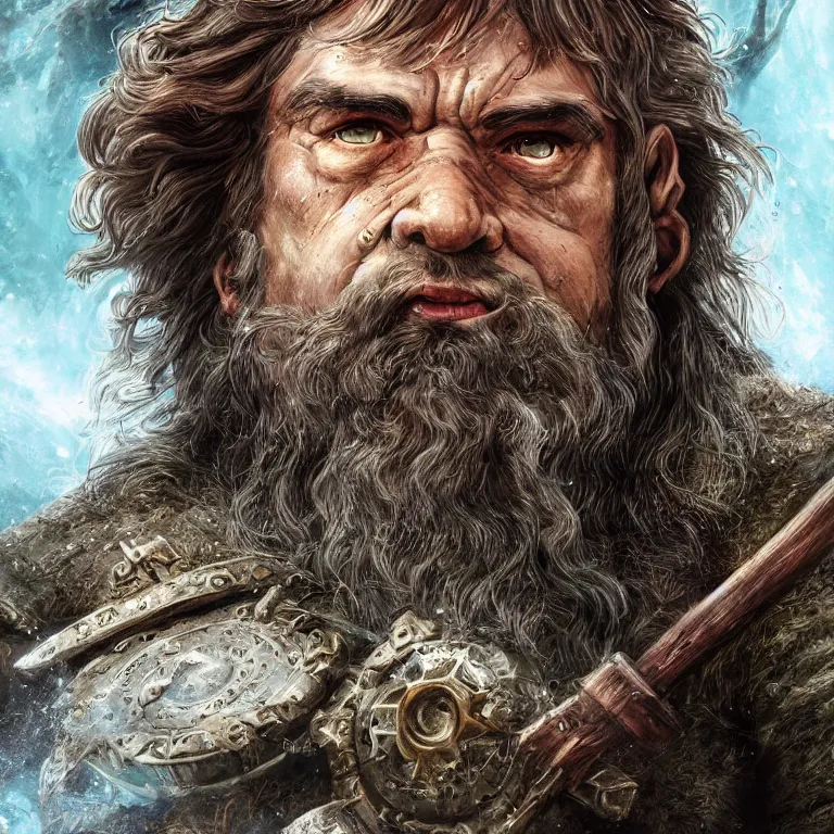 Image similar to handsome dwarf warrior in mountain, lord of the rings style, fantasy, poster, character portrait, portrait, close up, concept art, intricate details, highly detailed, full body, 8 k