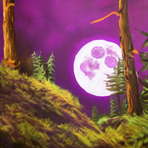 Image similar to closeup of a purple panther roaring at the moon in the forest. night. large moon in the center. cinematic. painting. concept art.