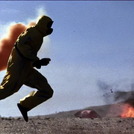 Image similar to A cinematic film still of a man in a hazmat suit running away from an explosion.