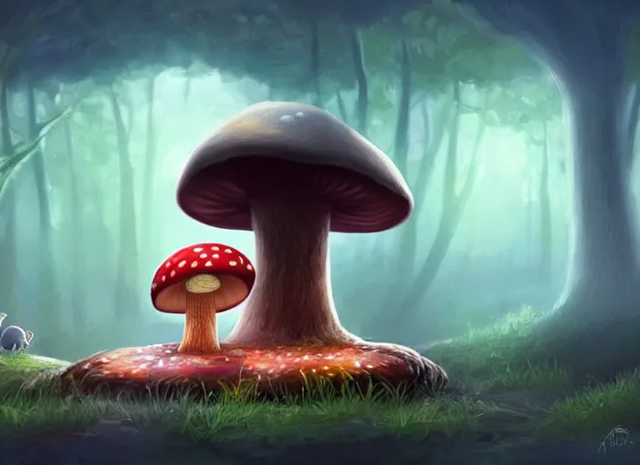 Image similar to a cute creature sitting next to a mushroom, illustration for a children's book, digital art, detailed, rim light, exquisite lighting, clear focus, very coherent, soft lighting, character design, concept, atmospheric, dystopian, sci - fi, dark, trending on artstation, fog, sun flare