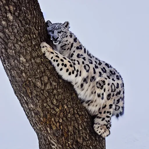 Prompt: anthropomorphic snow leopard leaning against a tree with a bow