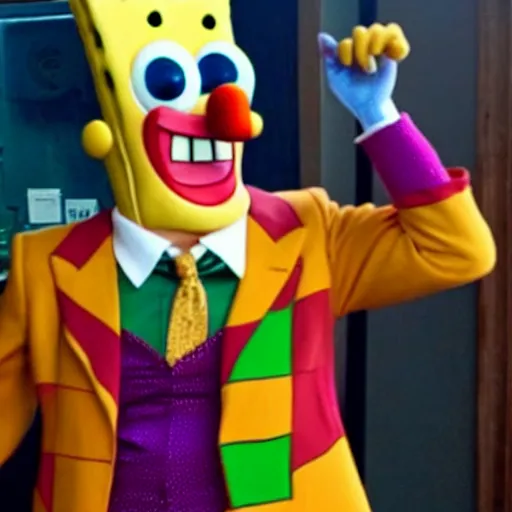 Image similar to spongebob wearing the costume and makeup of the joaquin phoenix joker from the film joker