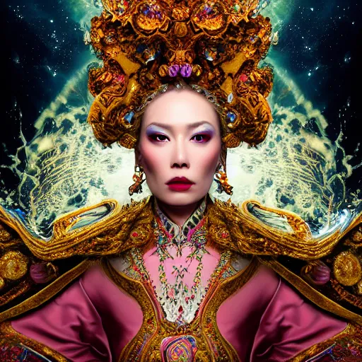 Image similar to a beautiful empress portrait, with a brilliant, impossible striking big cosmic galaxy headpiece, clothes entirely made out of cosmos chaos energy, symmetrical, dramatic studio lighting, rococo, baroque, jewels, asian, hyperrealism, closeup, D&D, fantasy, intricate, elegant, highly detailed, digital painting, artstation, octane render, 8k, concept art, matte, sharp focus, illustration, art by Artgerm and Greg Rutkowski and Alphonse Mucha