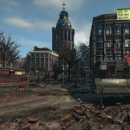 Image similar to De Dam in Amsterdam in ruins post-nuclear war in Fallout 4, in game screenshot