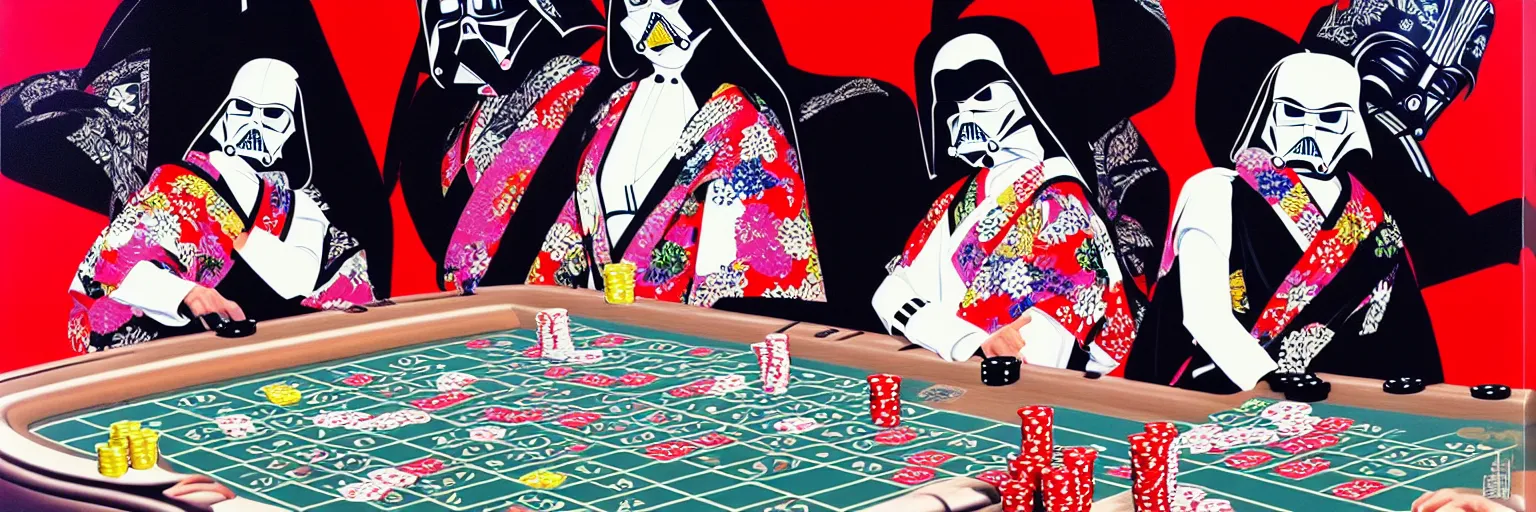 Image similar to hyperrealism composition of the detailed woman in a japanese kimono sitting at an extremely detailed poker table with darth vader and stormtrooper, fireworks on the background, pop - art style, jacky tsai style, andy warhol style, acrylic on canvas