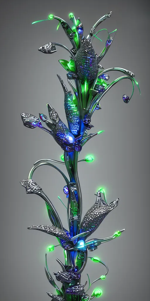Image similar to 3 d photographic render of an orchid sculpture, bioluminescent chrometype, made of liquid metal, neotribal with thorns and thunders, cyberpunk, raytracing, hyper realistic, volumetric lightning, 8 k, by zhelong xu and ouchh studio