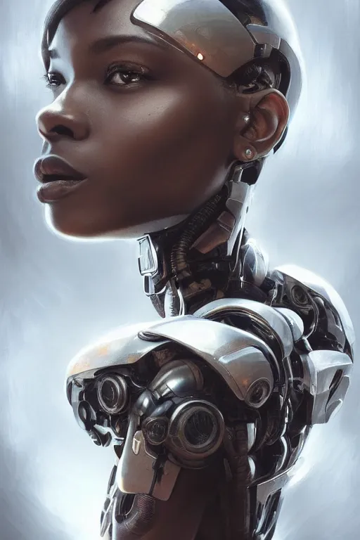 Prompt: ultra realistic illustration, closeup portrait, black mixed beautiful woman, hugging a robot, cyberpunk, sci - fi, fantasy, intricate, elegant, highly detailed, digital painting, artstation, concept art, smooth, sharp focus, illustration, art by artgerm and greg rutkowski and alphonse mucha