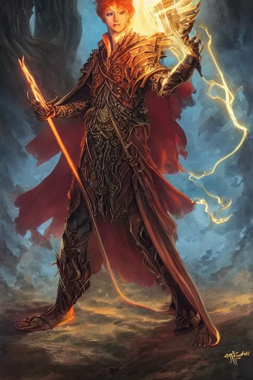 Image similar to young male redhead Spellcaster standing, holding a spell book glowing, D&D dark fantasy style, sharp focus, ultra detailed, art by Artgerm and Peter Andrew Jones, Karol Bak, Ayami Kojima, Amano and Olivier Ledroit