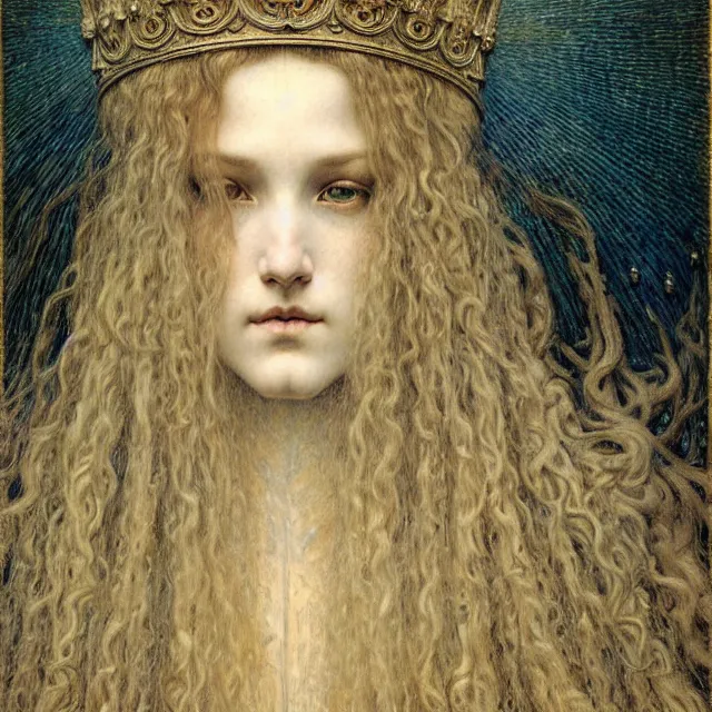 Image similar to detailed realistic beautiful young medieval queen face portrait by jean delville, gustave dore and marco mazzoni, art nouveau, symbolist, visionary, gothic, pre - raphaelite. horizontal symmetry