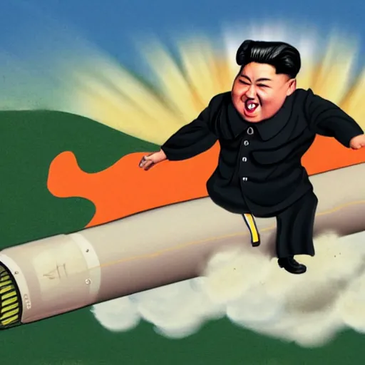 Prompt: caricature of kim jong un riding a missile, colorful