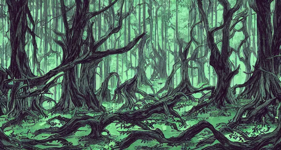 Prompt: A dense and dark enchanted forest with a swamp, from Evangelion