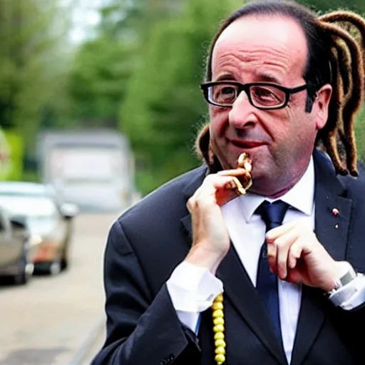 Image similar to a photo of François Hollande with dreadlocks smoking a joint, lots of dreadlocks on the head, short dreadlocks with beads