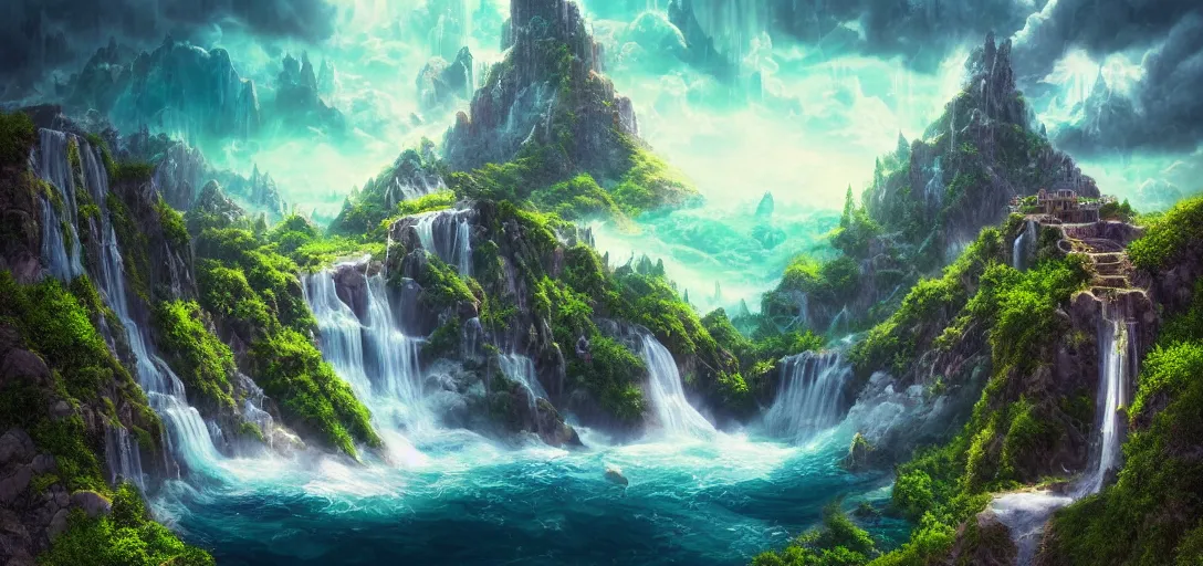 Prompt: beautiful view of a fantasy waterfall from a mountain, floating structures in the sky, waves, caustics, symmetry, dramatic lighting, ultra detailed, sharp, ambient occlusion, bloom, raytracing, vibrant, vivid colors, picturesque, by dylan cole and jordan grimmer