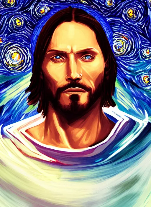 Prompt: realistic, Jesus Christ in mass effect, dynamic lighting, super super dynamic dynamic pose, space, starry night, intense, painting