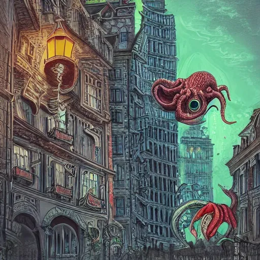 Prompt: cute cthulhu doing tourism in europe with a reflex photocamera, in the big city, skyscrapers, fantasy digital art, wow, stunning, ghibli style, hight quality