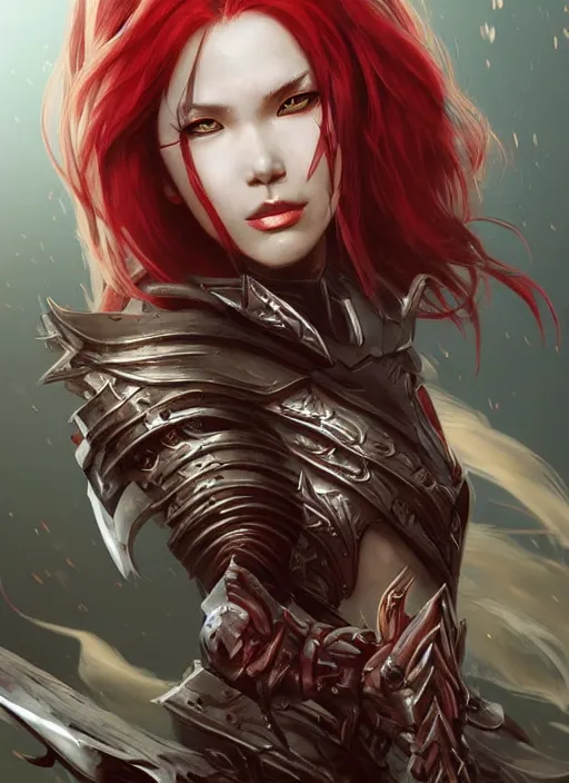 Image similar to beautiful warrior lady, red long hair, practical armor, shiny white skin, demonic eyes, low fantasy, extremely detailed, sharp focus, smooth, digital illustration, by rossdraws, frank franzzeta, sakimichan