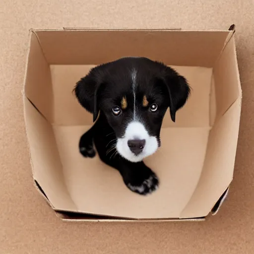 Prompt: puppy sitting in a shoebox, photography, minimalistic, 8 k