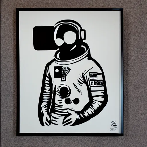 Prompt: individual furry astronaut silk screen portrait banksy style