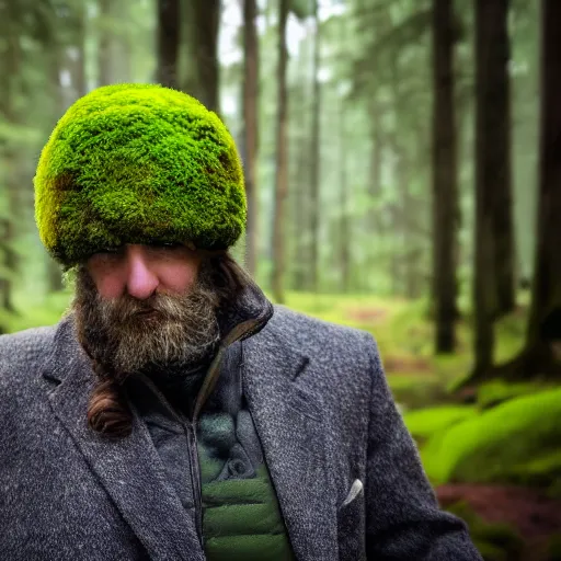 Image similar to portrait of a man with hat made of moss, 4k, full shot, high details, natural light, Forrest in background