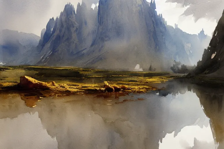 Prompt: watercolor painting of small cold river, reflections, tall mountains and clouds, mythological art by hans gude, ambient lighting and shadows, art by hans dahl, by jesper ejsing, art by anders zorn, wonderful masterpiece by greg rutkowski, cinematic light, american romanticism by greg manchess, creation by tyler edlin