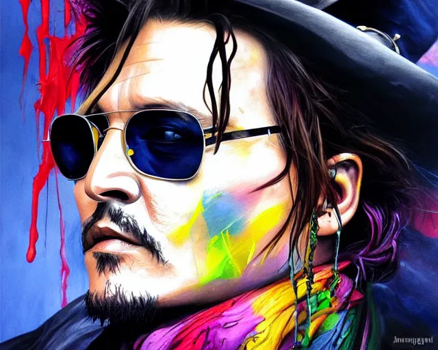 Image similar to , painting of johnny depp, paint drips, colour splash, art design, inventive, new format, futuristic painting, deep focus, d & d, fantasy, intricate, elegant, highly detailed, digital painting, artstation, concept art, matte, sharp focus, illustration, hearthstone, art by artgerm and greg rutkowski and alphonse mucha