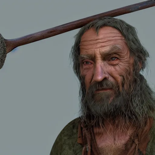 Image similar to realistic a human hobo druid with an axe beak, fantasy book, high detail, 8 k, octane render painting, dark fantasy