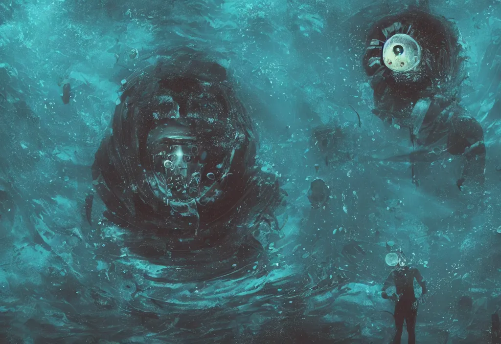 Prompt: the man at the bottom of the sea, abstract, surreal, uncanny, horror, 4 k hd,