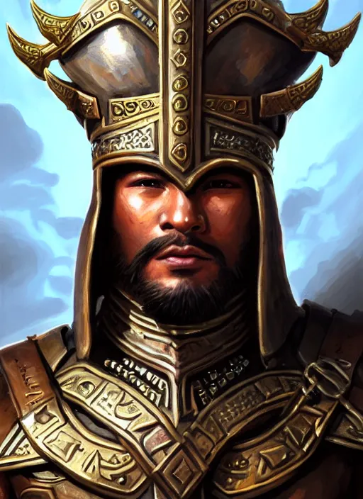 Image similar to smart breadtai warlord, closeup portrait, historical hero, ethnic group, tai costume, bronze headdress, intricate, with leather armor cross on chest, cotton textile, elegant, loin cloth, highly detailed, oil painting, artstation, concept art, matte, sharp focus, illustration, hearthstone, art by earl norem