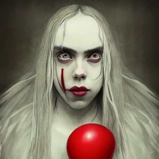 Image similar to matte painting of Billie eilish with a wide smile and a red balloon by Zdzisław Beksiński, loony toons style, pennywise style, corpse bride style, creepy lighting, horror theme, detailed, elegant, intricate, conceptual, volumetric light