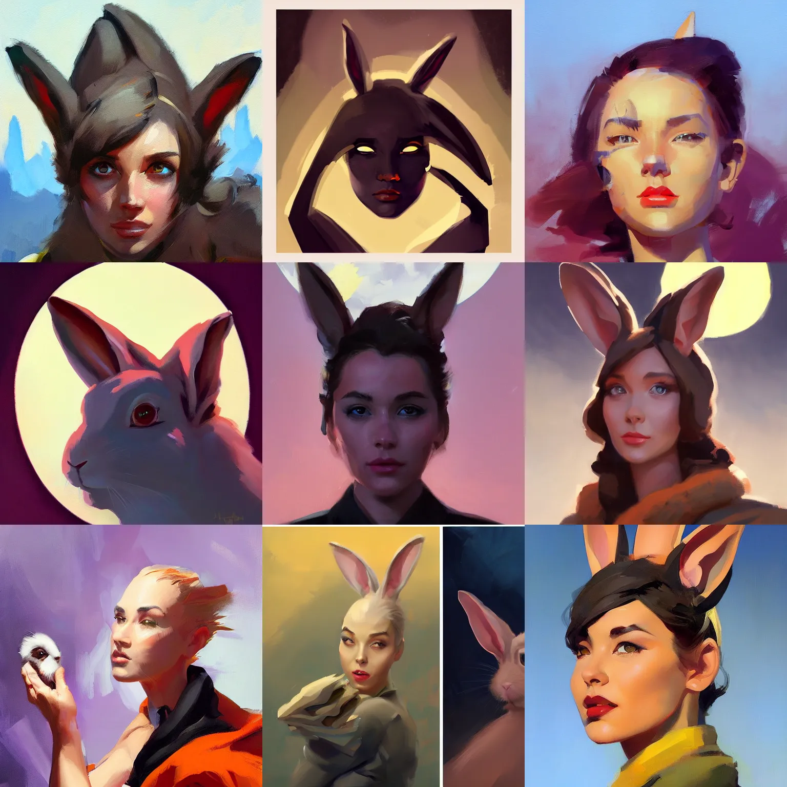 Prompt: cartoony, Greg Manchess portrait painting of a rabbit, head shot, splashscreen, Organic Painting, Matte Painting, bold shapes, hard edges, app icon, moon in background, trending on artstation, by Huang Guangjian and Gil Elvgren and Sachin Teng