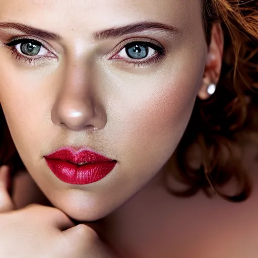 Image similar to beautiful portrait photo of Scarlett Johansson, 85mm, black studio backdrop. She is bending over to pick something important up.