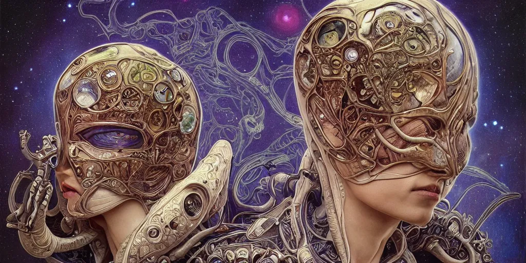 Image similar to portrait of alien made with porcelain by Jeff Easley and Peter Elson + beautiful eyes, beautiful face + symmetry face + border and embellishments inspiried by alphonse mucha, fractals in the background, galaxy + baroque, gothic, surreal + highly detailed, intricate complexity, epic composition, magical atmosphere + masterpiece, award winning + trending on artstation