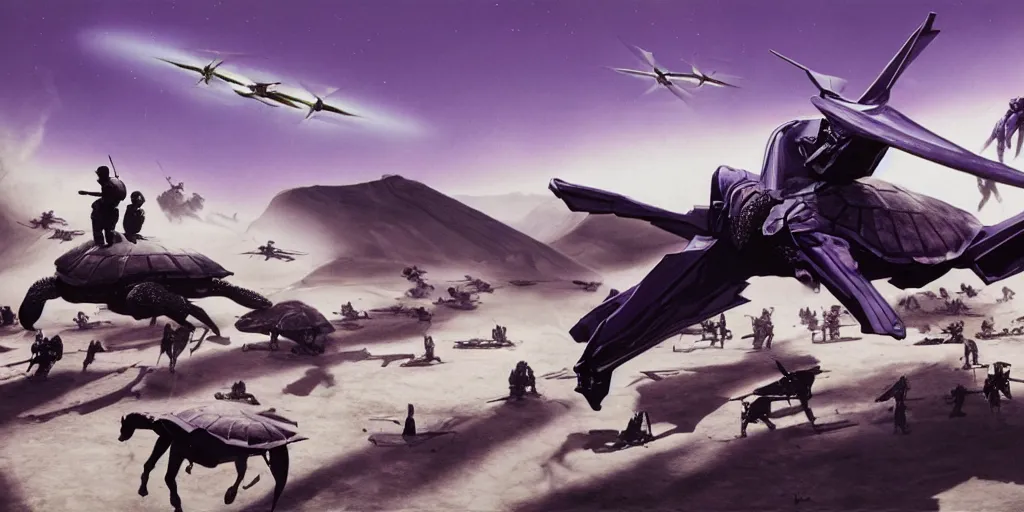 Prompt: neurotic depiction of a battlefield with horses riding drones and militarized turtles, weapon design by zaha hadid, y 2 k aesthetic, dark purple background, chesley bonestell, 4 k