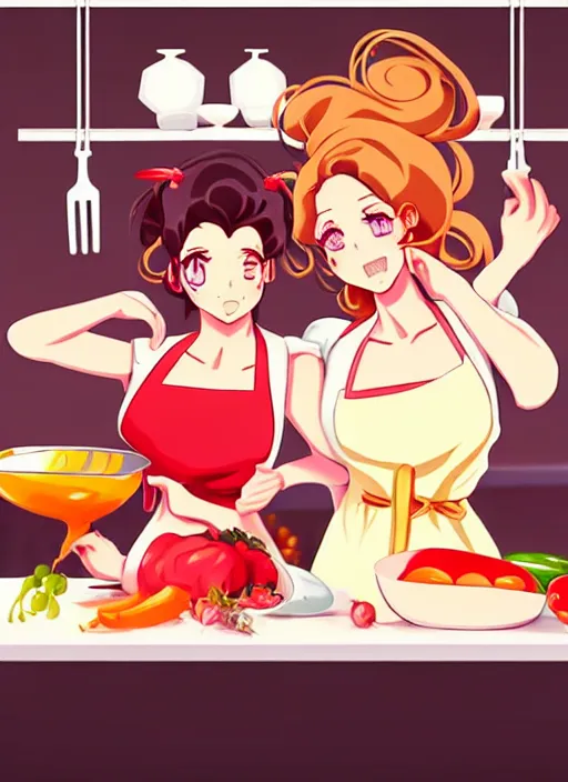 Image similar to two beautiful housewives in the kitchen on a hot summer evening, gorgeous faces, thick lines, cinematic lighting, detailed anime art
