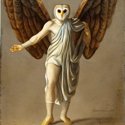 Image similar to humanoid barn owl with wings wearing a roman toga and holding a javelin